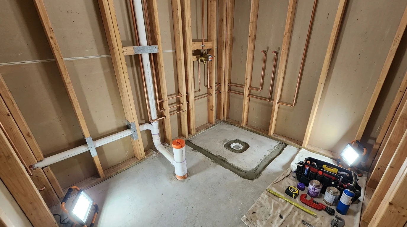 Bathroom rough-in plumbing during remodel by Johns Plumbing LLC in San Rafael