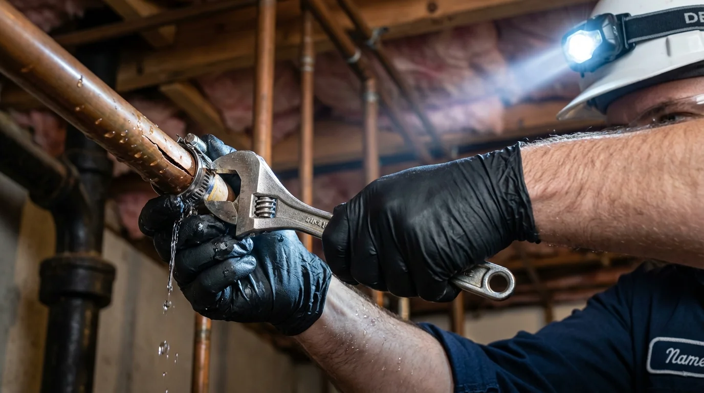 Emergency pipe clamp repair being performed by a Johns Plumbing LLC plumber in San Rafael